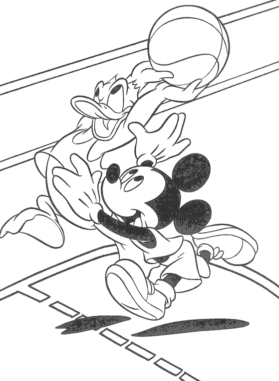 Mickey jugando con Donald al baloncesto