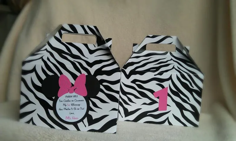 Zebra print Minnie Mouse Favor box with hot pink bow for birthday or ...