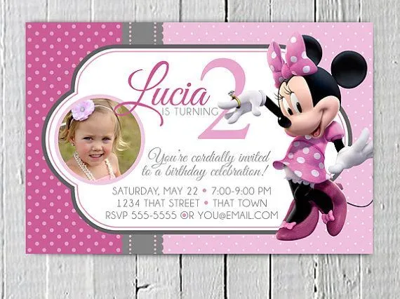 Printable Minnie Mouse Birthday Invitation, Pink Polka dot Photo ...