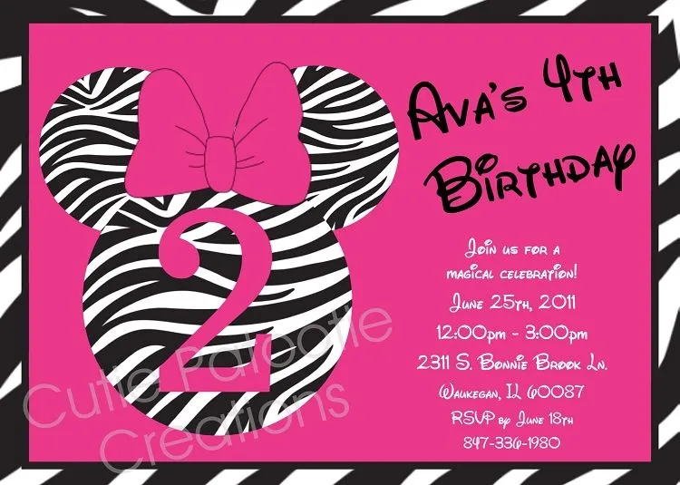 Minnie Mouse Ears Birthday Party Invitation - Pink Zebra Animal Print ...