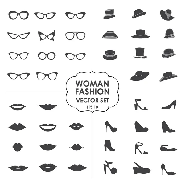 Moda mujer set vector - iconos, gafas, sombreros, zapatos, labios ...