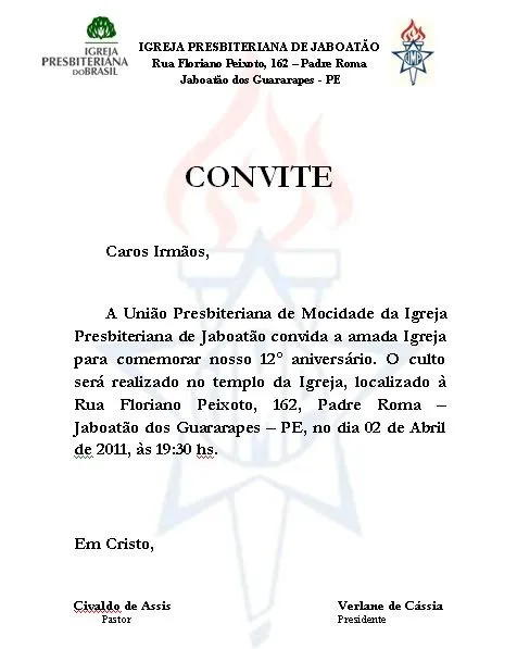 Modelo de carta convite para igreja - Imagui