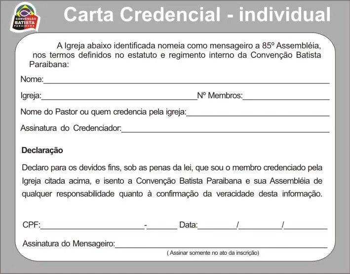 Modelo de Carta Credencial para a 85ª Assembléia da CBPB