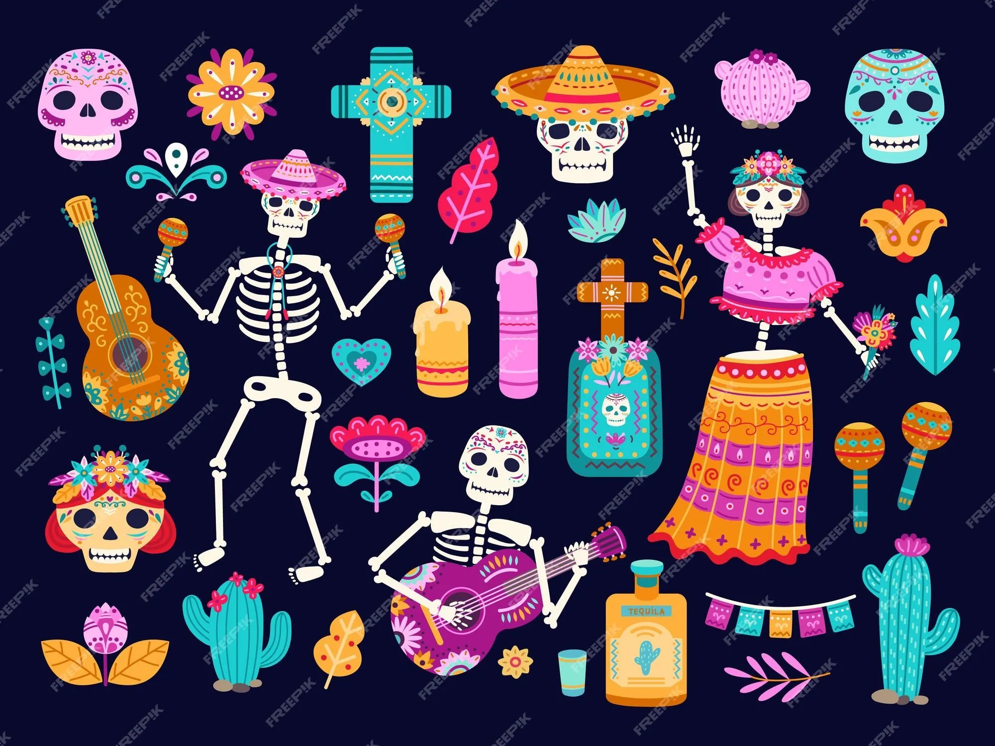 Dia de muertos. decoraciones mexicanas, lindas flores de esqueletos de  calavera. dibujos animados de elementos de la cultura de la muerte  auténtica de méxico, conjunto de vectores de altares de velas. ilustración
