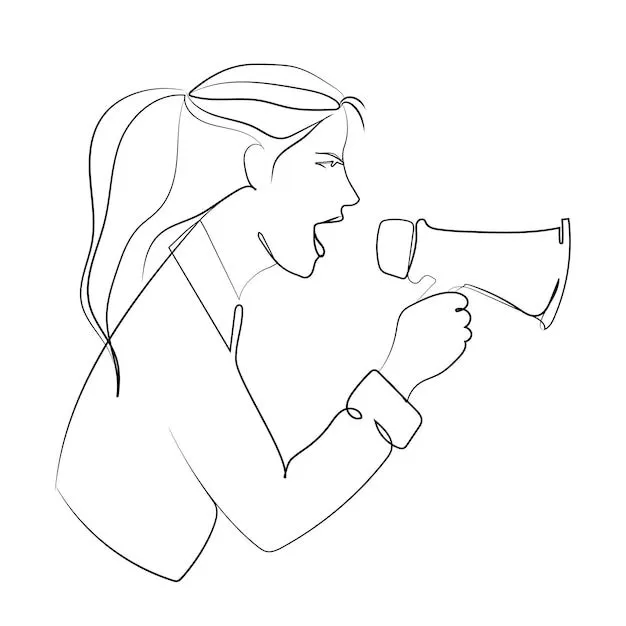 Mujer activista gritando en un dibujo de línea de vector de altavoz. mujer  grita en megáfono. | Vector Premium