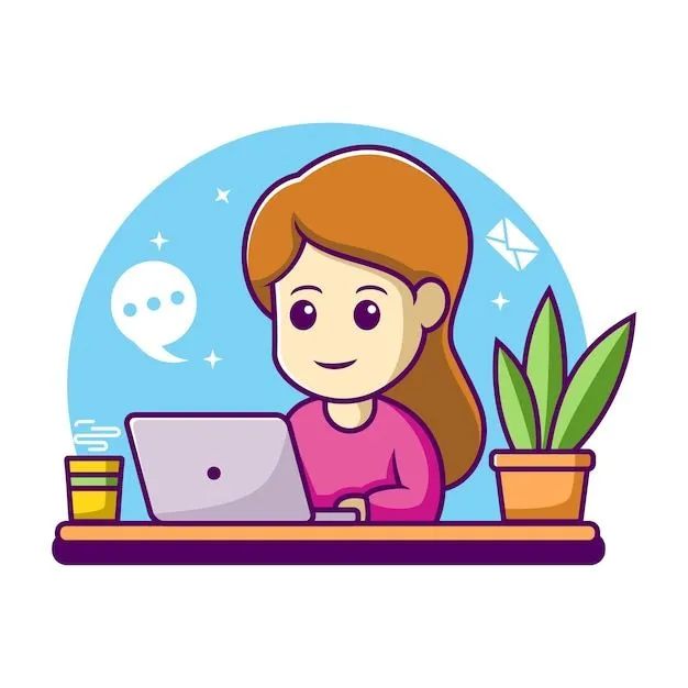 Mujer que trabaja en la ilustración de dibujos animados de la computadora  portátil | Vector Premium