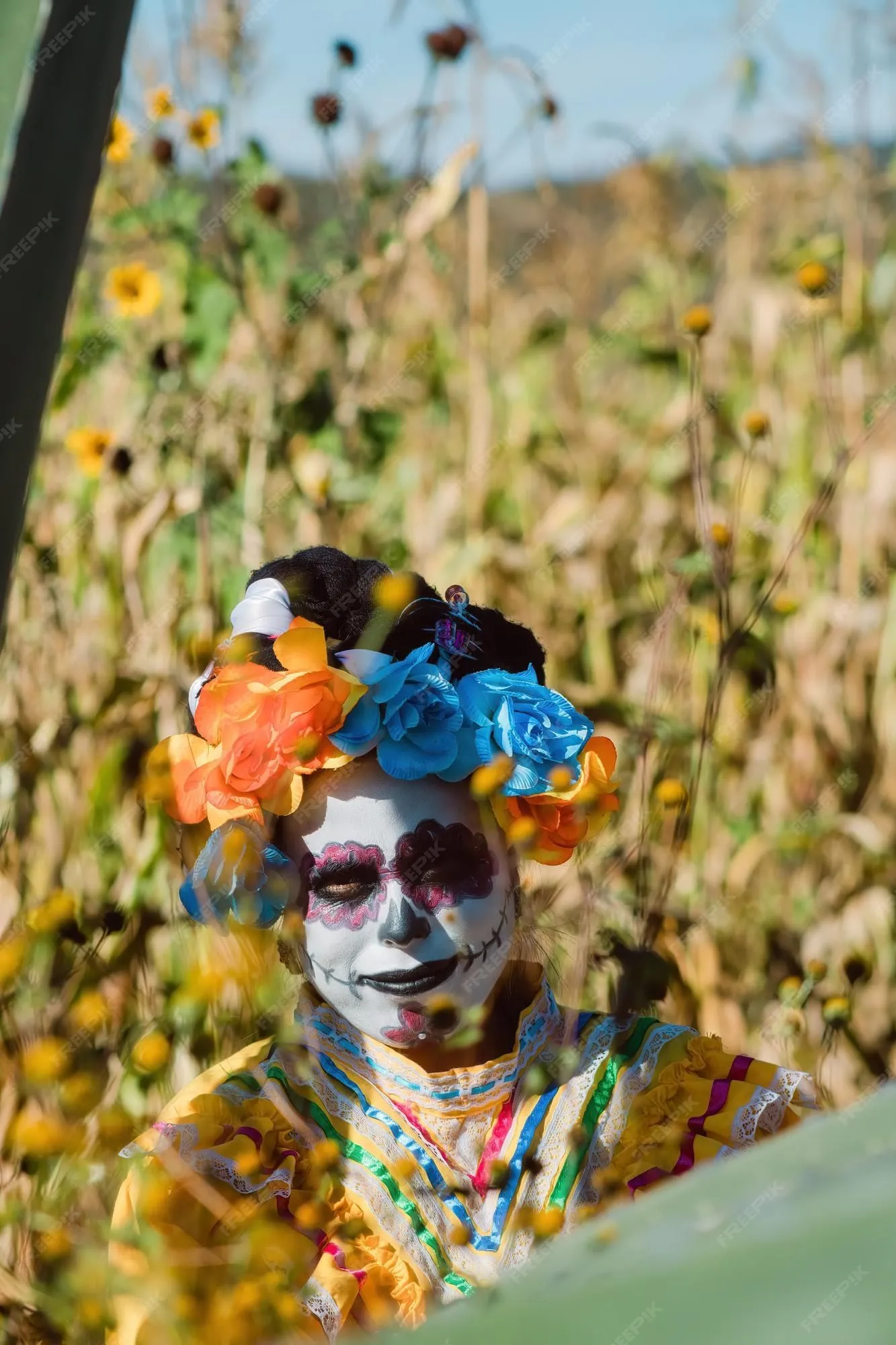 Mujer mexicana en vestido colorido y maquillaje de calavera en el cactus  del desierto mexicano | Foto Premium
