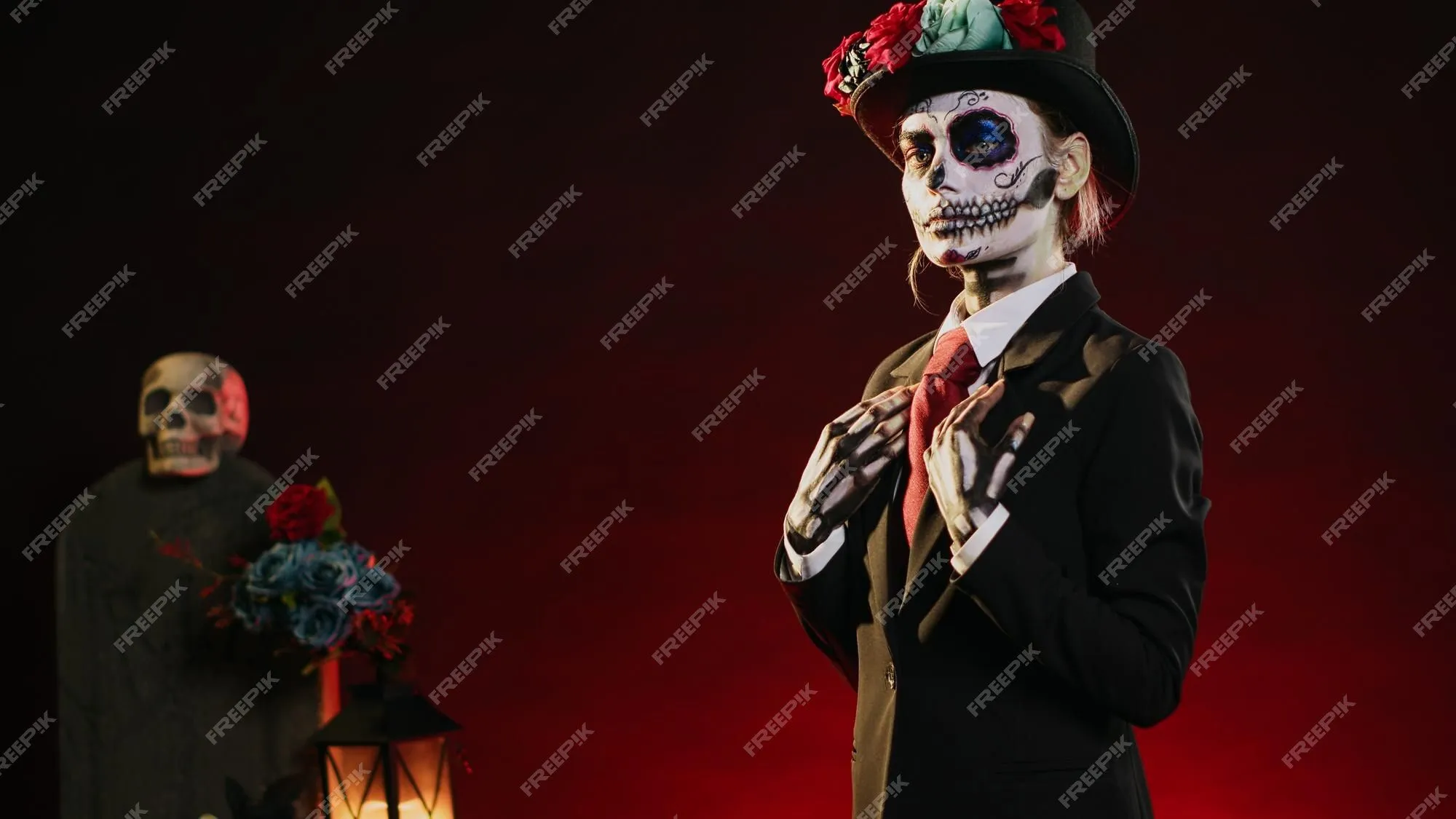 Mujer de terror sonriente vestida con traje de santa muerte en el estudio,  con maquillaje de calavera en blanco y negro. celebrando el día de los  muertos, la santa tradición mexicana, el