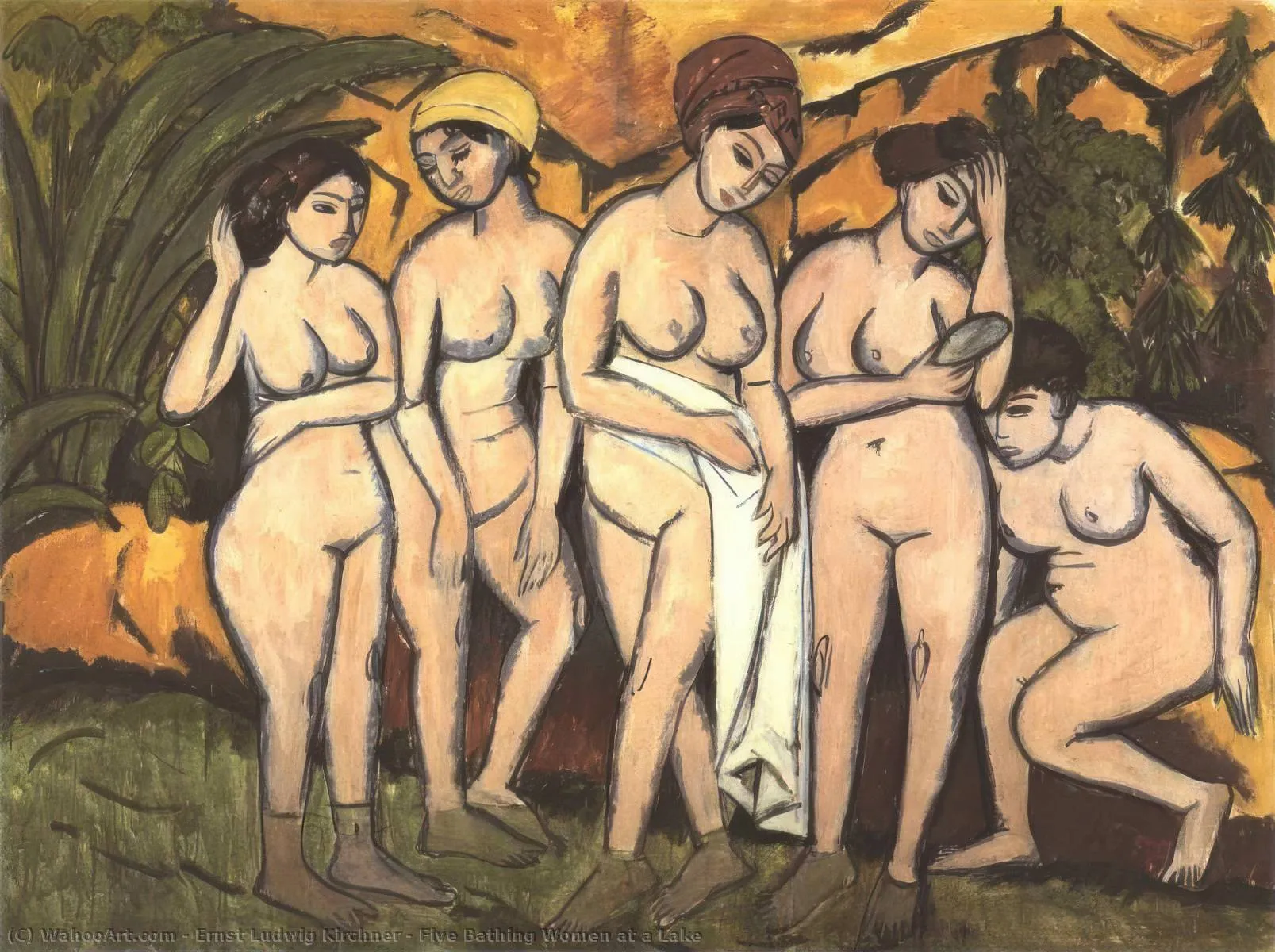 Cinco mujeres que se bañan en un lago, óleo sobre lienzo de Ernst Ludwig Kirchner (1880-1938, Germany)