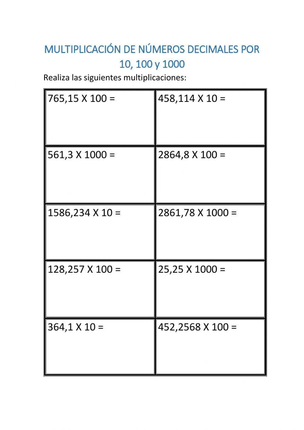 Multiplicación de números decimales por 10, 100 y 1000 worksheet | Live  Worksheets