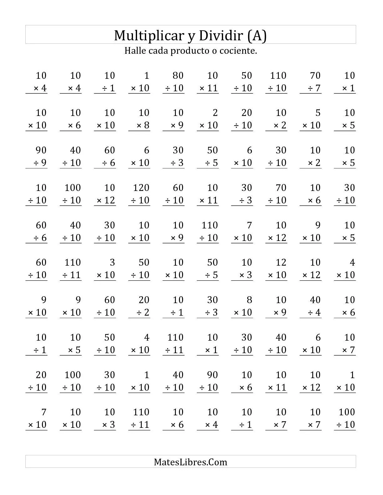 Multiplicar y Dividir por 10 (A) Hojas de Ejercicios de ... Multiplicar y Dividir por 10 (A) Hojas de Ejercicios de ...