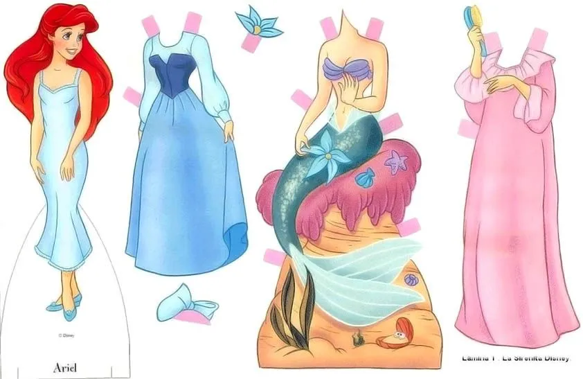 Muñecas para recortar: La Sirenita con vestidos para recortar