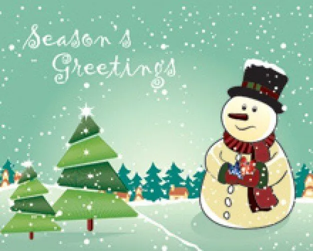 Muñeco de nieve con el árbol de navidad tarjeta de felicitación ...