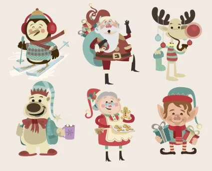 6 Navidad personajes infantiles de dibujos animados vector de ...