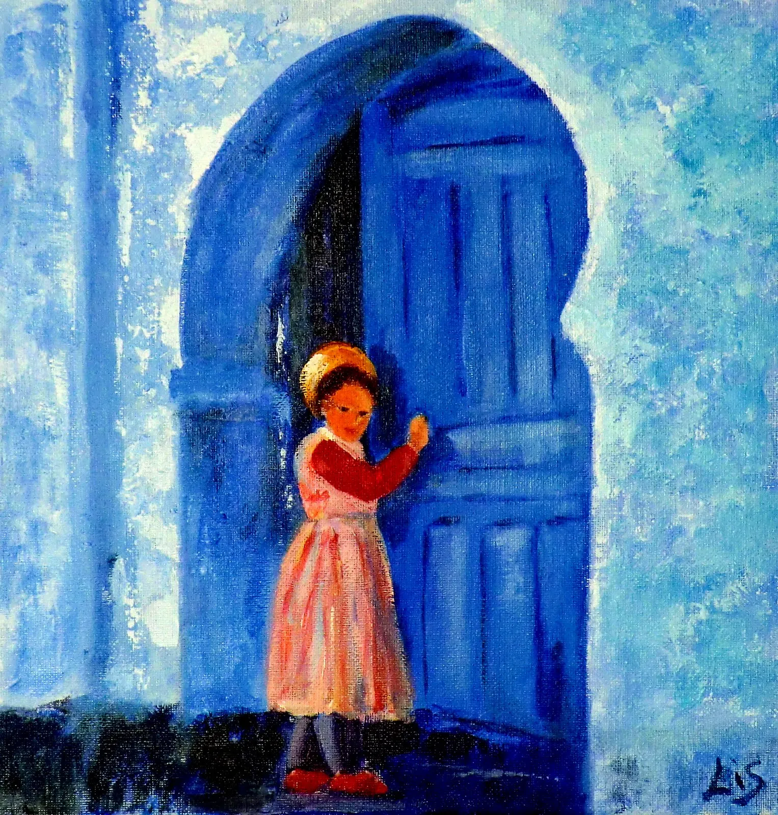 la nina abriendo la puerta de una casa arabe acrilico sobre lienzo ...