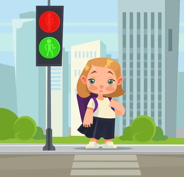 Niña de la escuela que cruza las reglas para los peatones. dibujos animados  | Vector Premium
