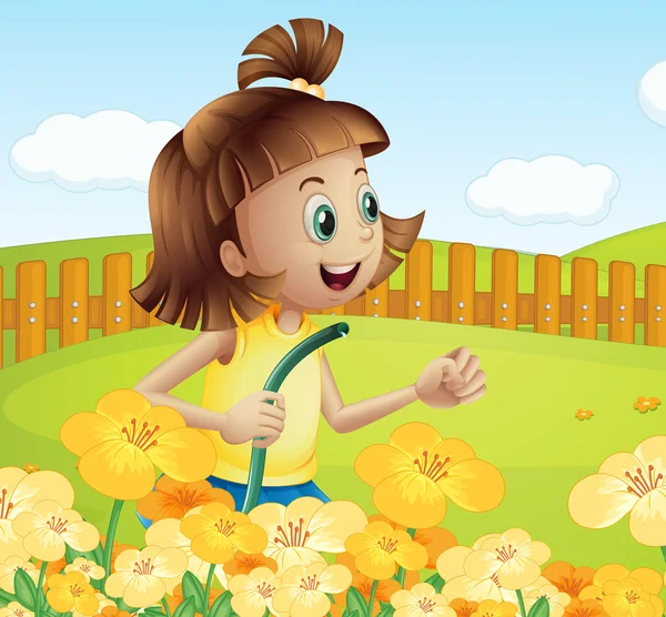 una niña regando las plantas en el jardín — Vector stock ...