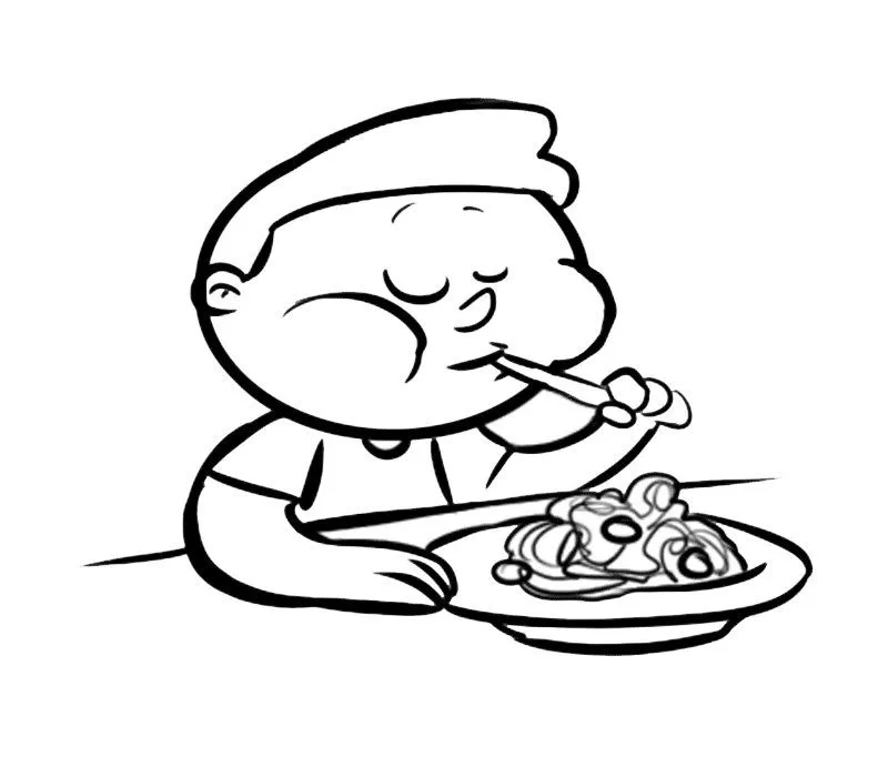 Imprimir: Niño comiendo. Dibujos de alimentos para colorear