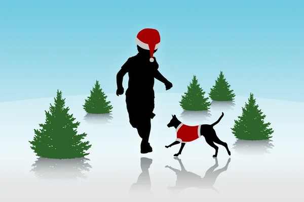 niño corriendo con un perro en el fondo de Navidad — Foto stock ...