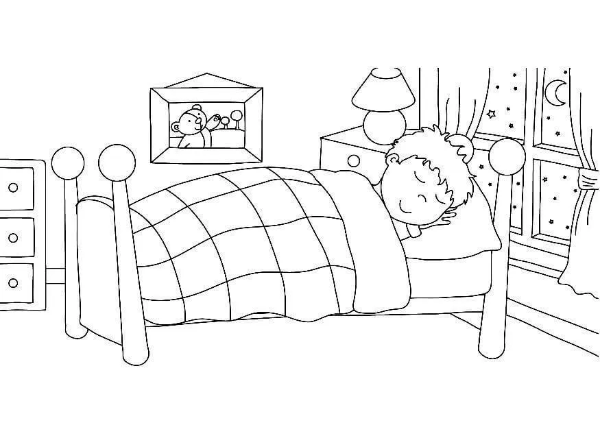 Niño Durmiendo en el Dormitorio para colorear, imprimir e dibujar  –ColoringOnly.Com