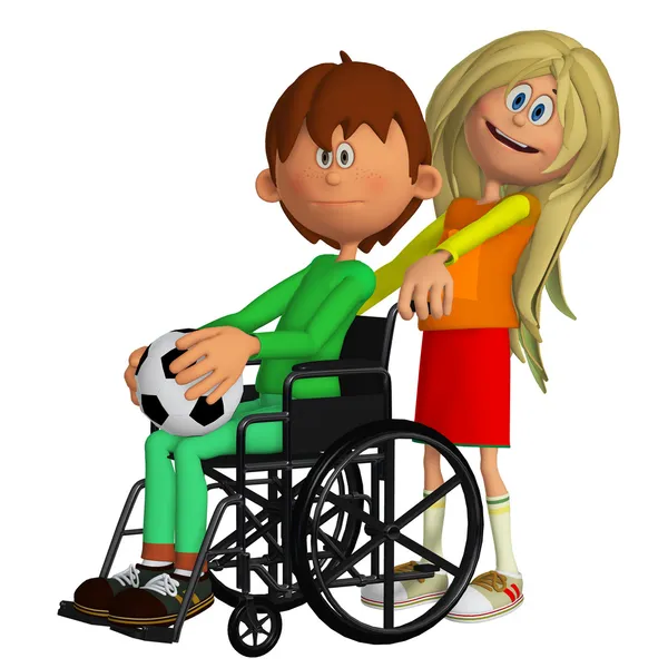 Niño sentado en la silla de ruedas con una chica joven con ...