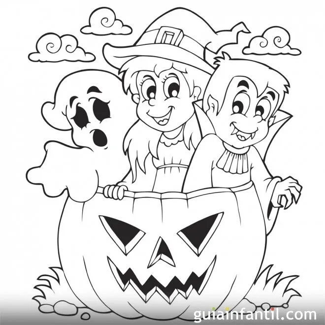 Niños celebrando Halloween. Dibujo para colorear - Dibujos de ...