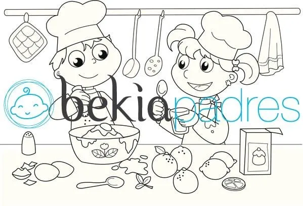 Niños cocineros: dibujo para colorear