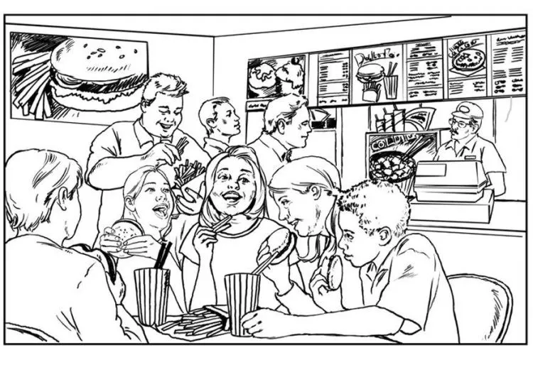 Dibujo de niños en un restaurante para colorear - Imagui