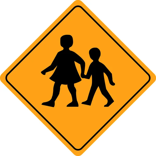 Niños cruzando la señal de advertencia de la escuela — Vector ...