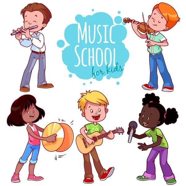 Niños de dibujos animados tocando instrumentos musicales y ...
