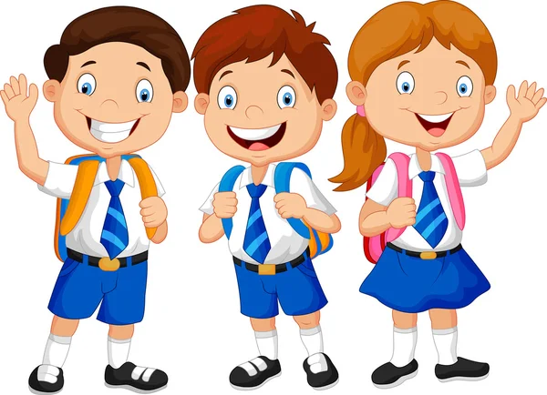 Niños de la escuela feliz de dibujos animados mano agitando ...