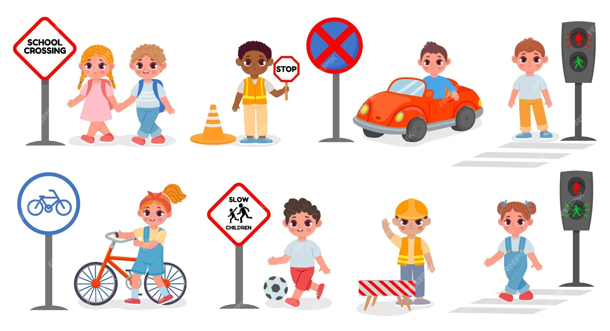 Niños de la escuela seguridad en la calle, señales y reglas de paso de  peatones. semáforo ir y detener la señal. bicicleta y coche para niños.  conjunto de vectores de educación vial