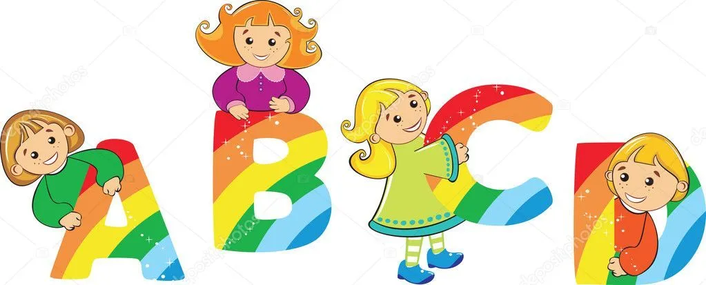 Niños felices de dibujos animados con la letra del arco iris ...