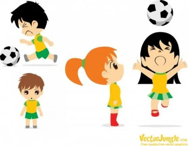 Niños y niñas jugando fútbol. Pesonajes de caricatura. | Fútbol ...