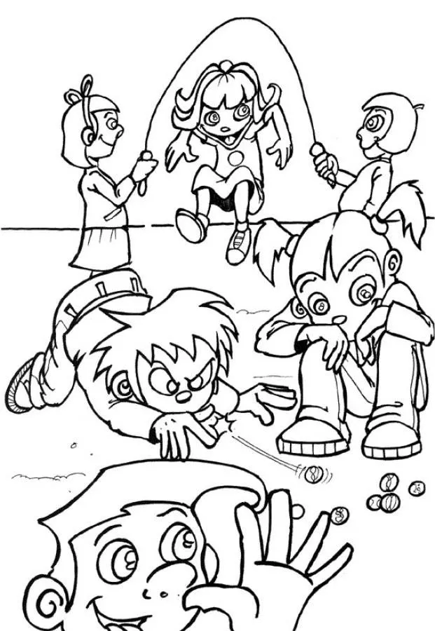 Niños y niñas jugando en el recreo. Dibujo para colorear Niños y niñas jugando en el recreo. Dibujo para colorear