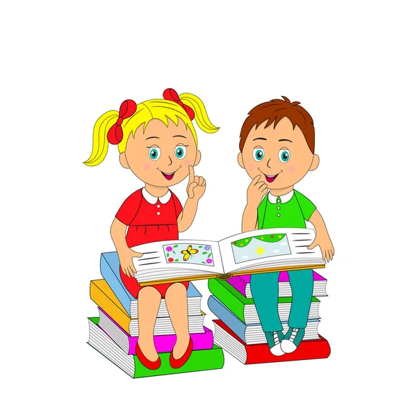 Los niños, un niño y una niña leyendo un libro sentado sobre una ...