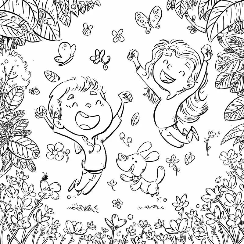 Niños en primavera para colorear - Dibustock, dibujos e ilustraciones  infantiles para cuentos