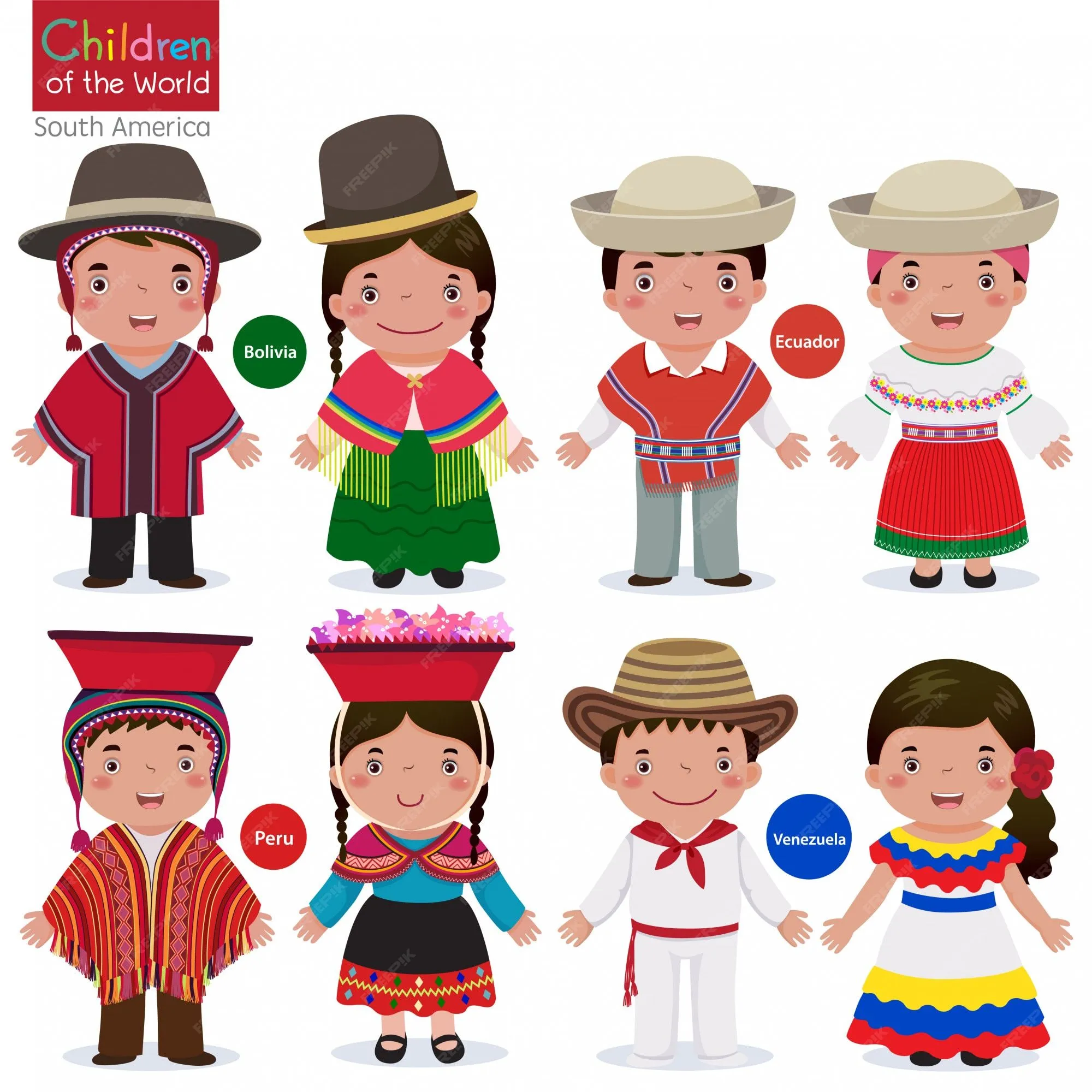 Niños en diferentes trajes tradicionales-bolivia-ecuador-perú-venezuela |  Vector Premium
