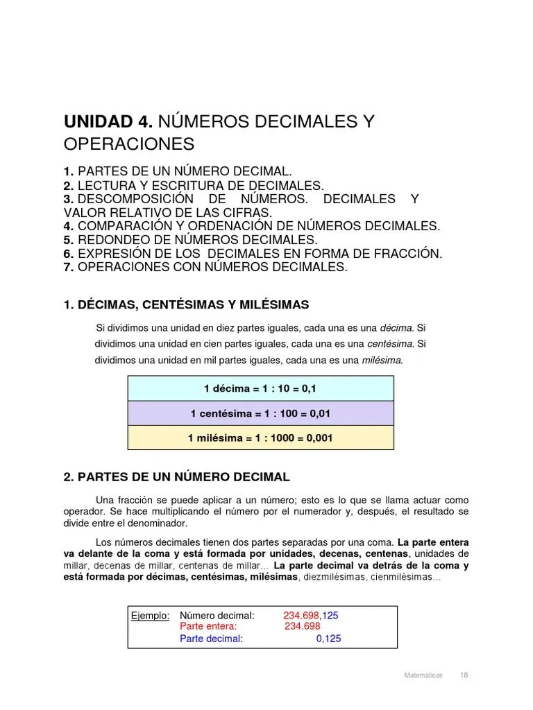 Numeros Decimales y Operaciones | PDF | División (Matemáticas) | Fracción  (Matemáticas)