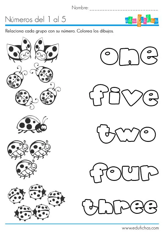 Los números en inglés del uno al cinco. http://www.edufichas.com ...