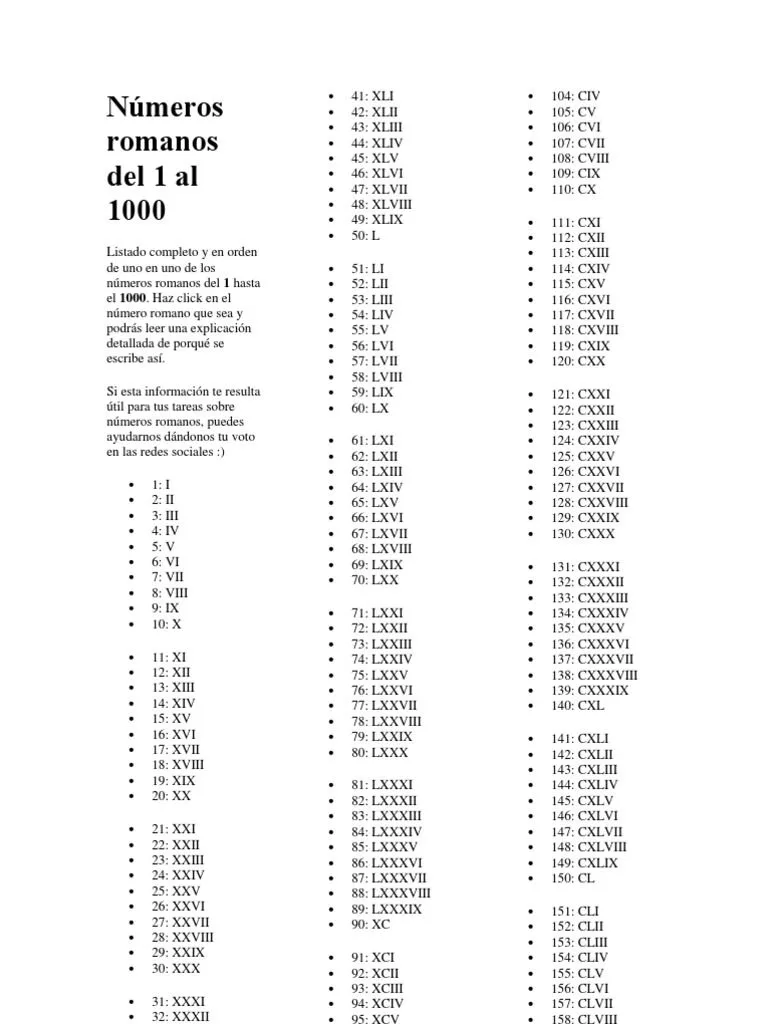 Números Romanos Del 1 Al 1000 | PDF | Enseñanza de matemática