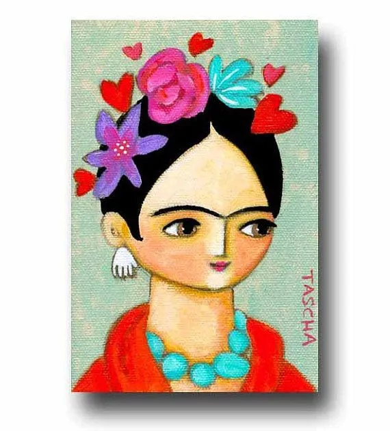 ORIGINAL mini sized ACRYLIC painting FRIDA Kahlo with hearts and ...