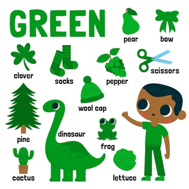 Pack de vocabulario y color verde en inglés para niños | Vector Gratis