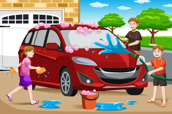 Padre y sus hijos lavando auto — Vector stock © artisticco #21674801