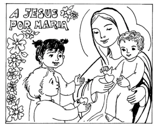 Página para colorear de María y los niños |