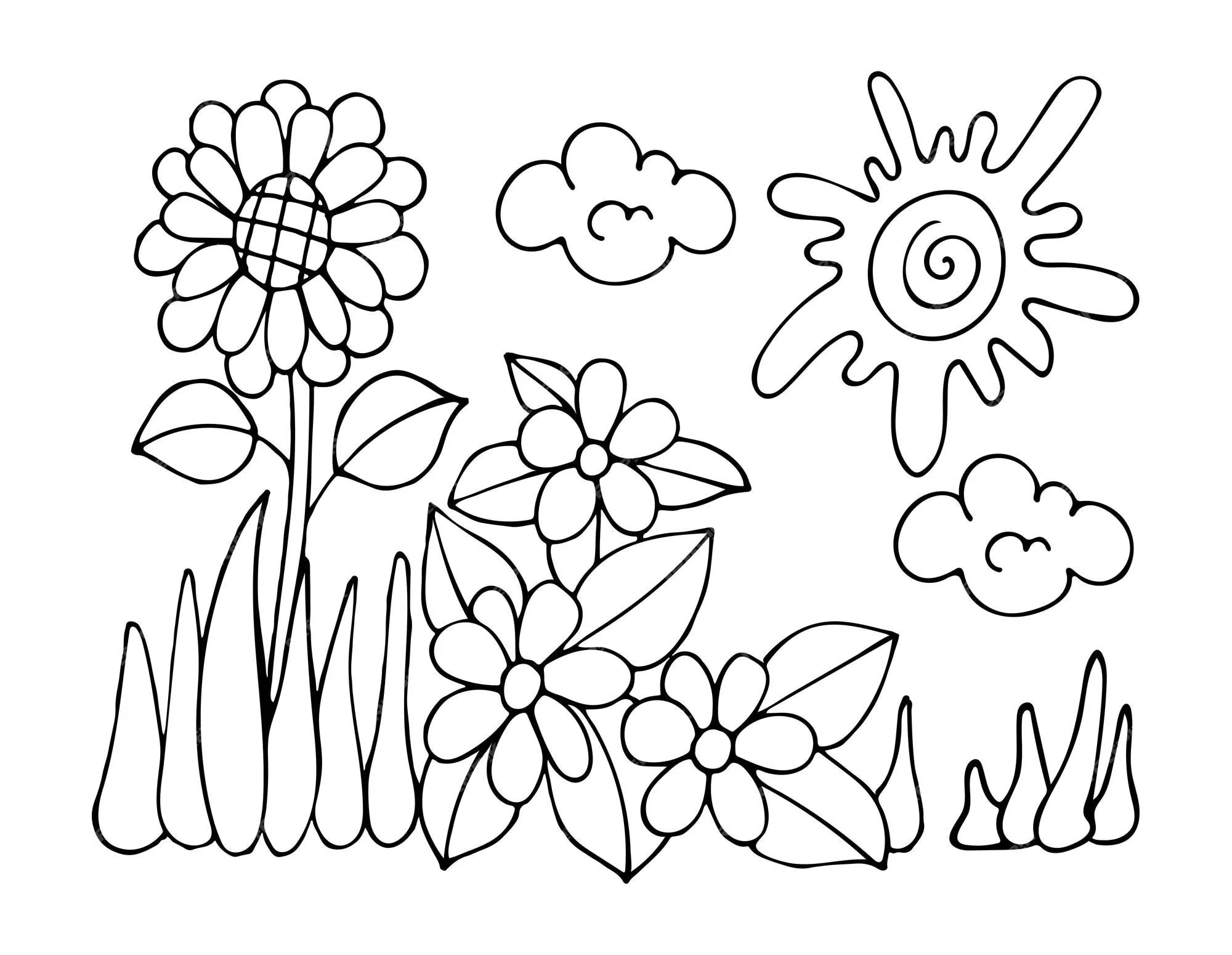 Página para colorear de paisaje de girasol en un día soleado de verano  flores en la hierba campo de flores dibujo de líneas vectoriales dibujadas  a mano libro para colorear para niños