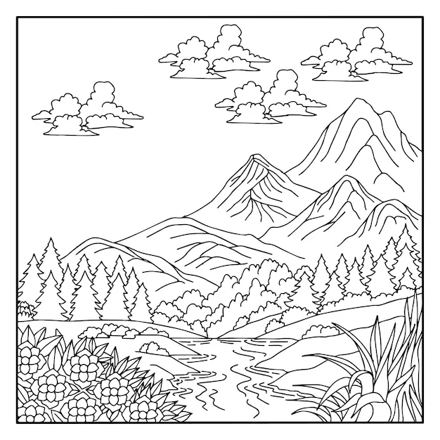 Página para colorear de vectores de diseño para paisaje de montaña para  niños | Vector Premium