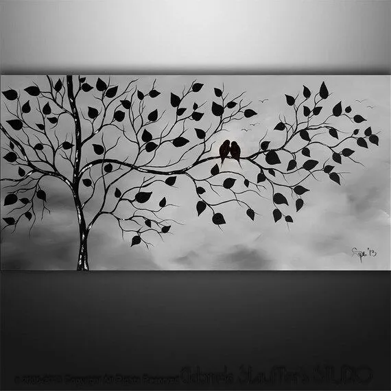 Paisaje árbol aves pintura moderna arte abstracto por por Catalin