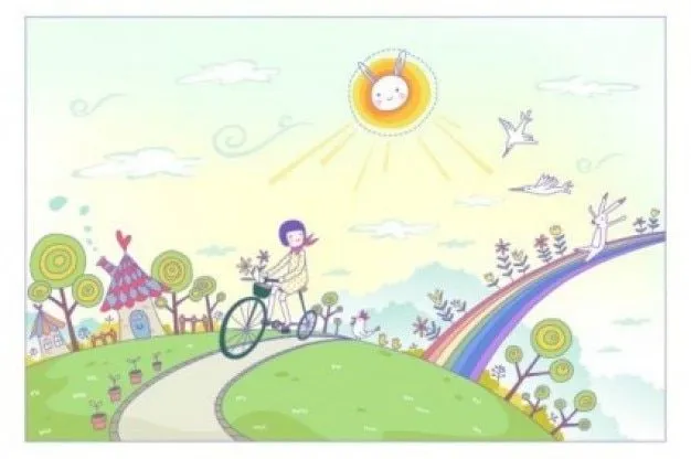 Paisaje de dibujos animados de primavera con el arco iris ...