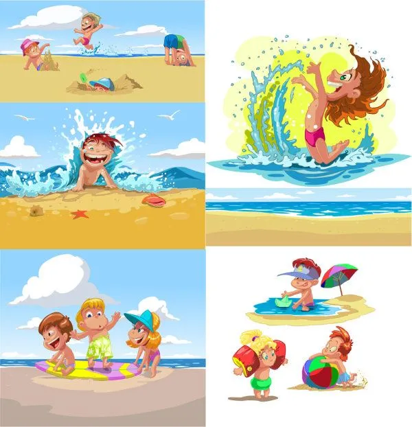 Dibujos de niños jugando en la playa - Imagui